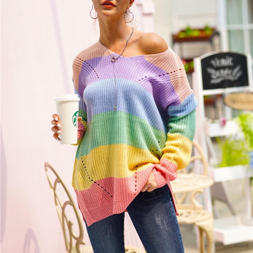 🌈🍁Rainbow Color V Neck Loose Sweater - Picture 2 of 5